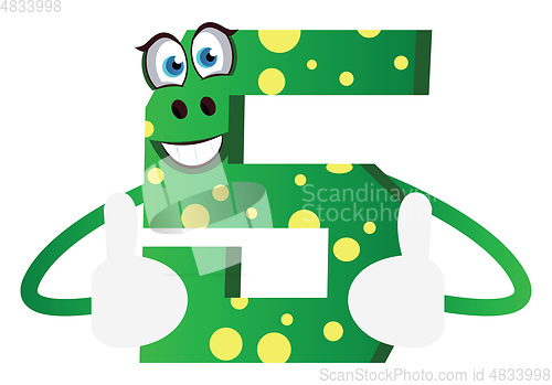 Image of Number five green monster showing thumbs up illustration vector 