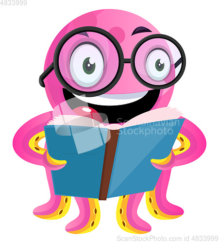 Image of Happy geek octopus reading a book illustration vector on white b