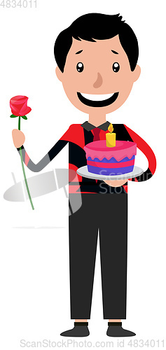 Image of Cartoon man holding a cake and giving the rose illustration vect