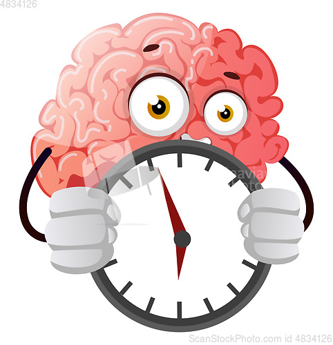 Image of Brain holding a clock, illustration, vector on white background.