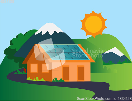 Image of House in the mountain with solar panels illustration vector on w