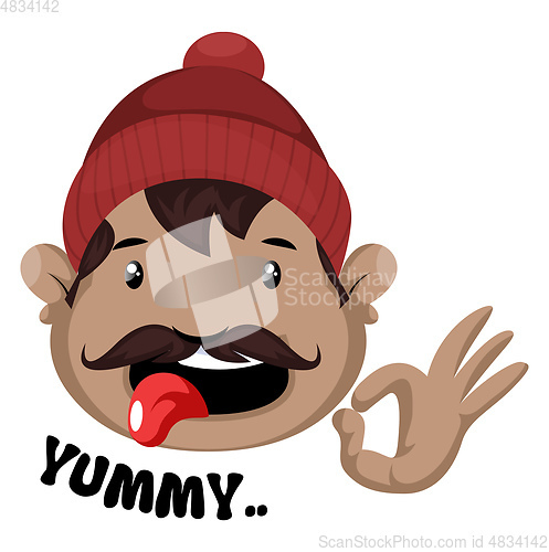 Image of Man is showing yummy with hand gesture, illustration, vector on 