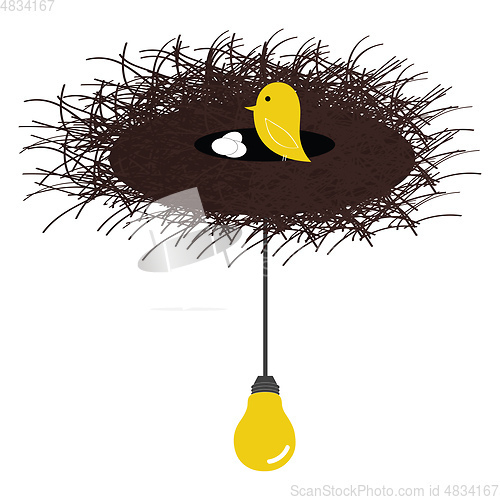 Image of Cartoon bird in a nest on top a yellow electric bulb vector or c