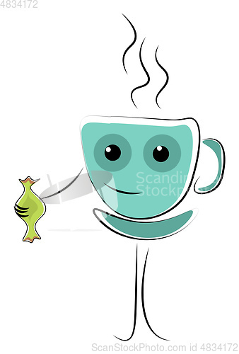 Image of Emoji blue coffee cup holding a green candy vector or color illu