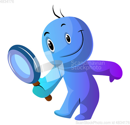 Image of Blue cartoon caracter holding magnifying glass illustration vect