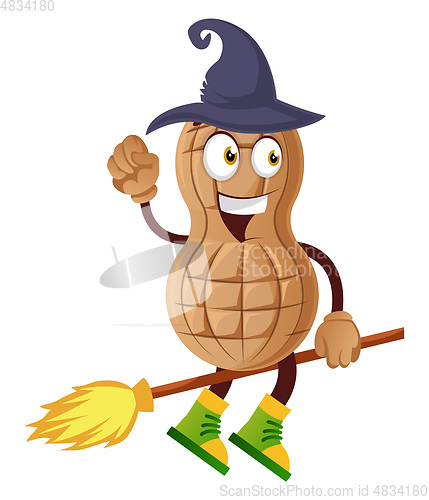 Image of Peanut flying on broom, illustration, vector on white background