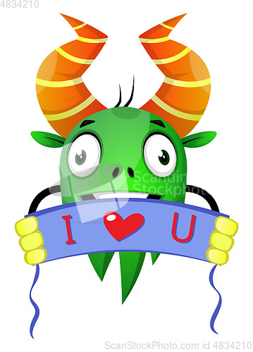 Image of Green cartoon monster expressing love, illustration, vector on w