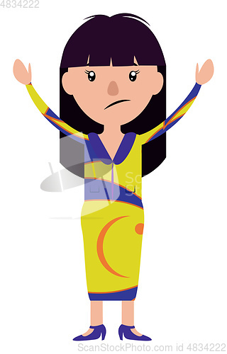 Image of Open armed woman in colorful dress looking worried illustration 