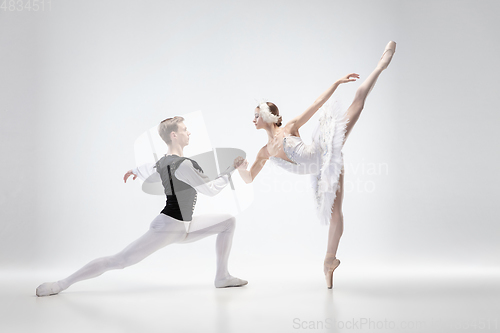 Image of Young graceful couple of ballet dancers on white studio background