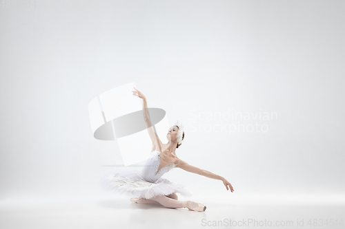 Image of Young graceful ballerina on white studio background