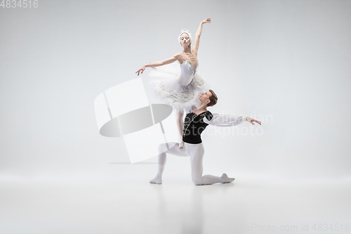 Image of Young graceful couple of ballet dancers on white studio background