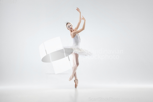 Image of Young graceful ballerina on white studio background