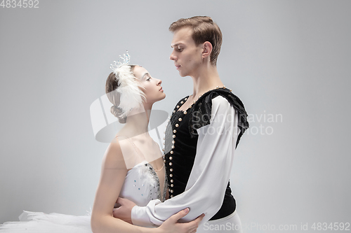 Image of Young graceful couple of ballet dancers on white studio background