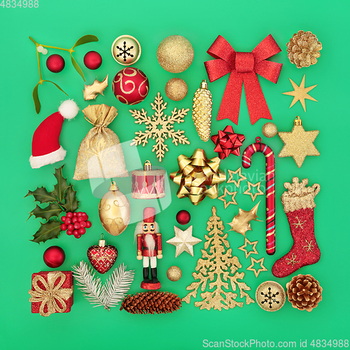 Image of Christmas Red and Gold Bauble Decorations and Greenery