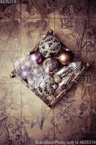 Image of Vintage Christmas ornaments with copy space