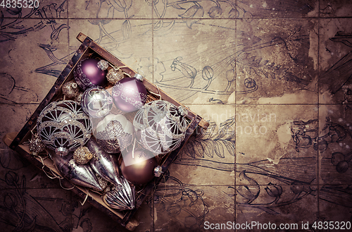 Image of Vintage Christmas ornaments with copy space