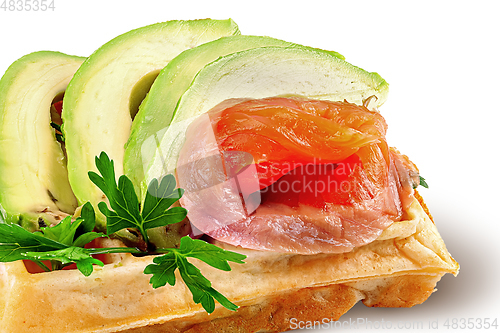Image of Closeup french waffle with avocado and salmon