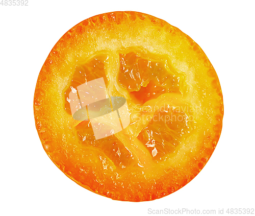 Image of Half ripe kumquat top view isolated on white