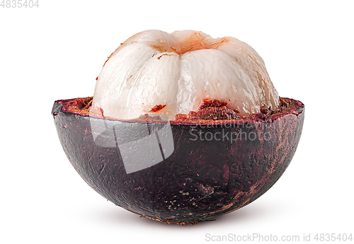 Image of Ripe opened mangosteen front view rotated isolated on white