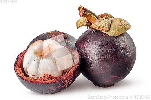 Image of Two whole and opened mangosteen isolated on white