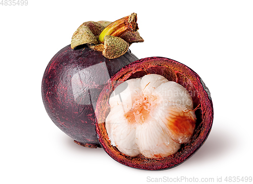 Image of Whole and open mangosteen isolated on white