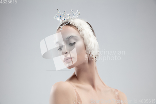 Image of Close up of young graceful ballerina on white studio background