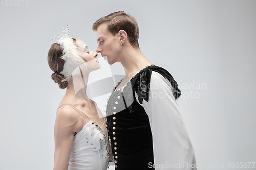 Image of Young graceful couple of ballet dancers on white studio background