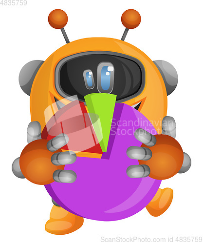 Image of Cartoon robot holding a pie chart illustration vector on white b