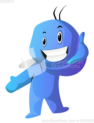 Image of Blue cartoon caracter showing a phone sign illustration vector o