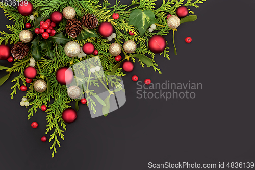 Image of Decorative Christmas Composition with Baubles and Flora