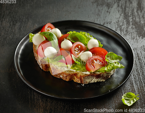 Image of slice of bread with tomato and mozzarella