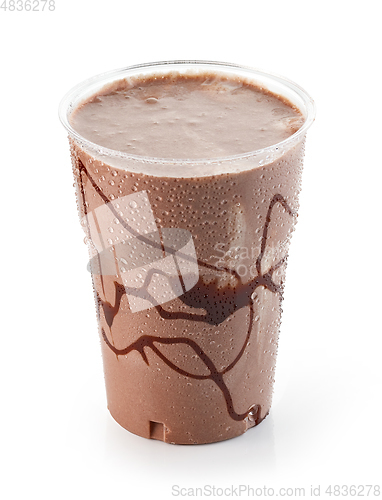 Image of  chocolate milkshake in plastic take away cup