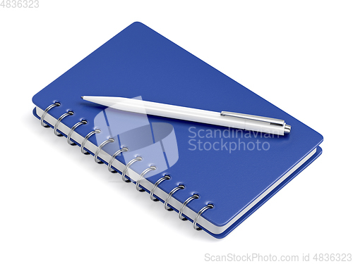 Image of Blue spiral notebook and pen