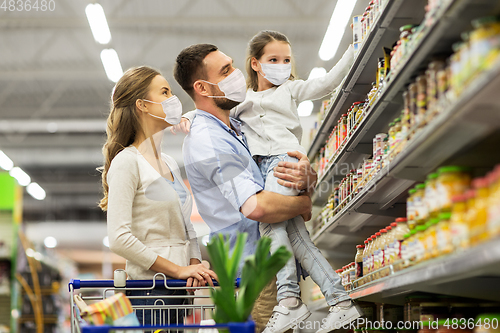 Image of family with shopping cart in masks at supermarket