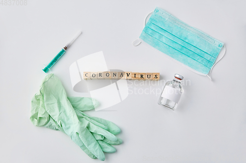 Image of coronavirus word, mask, gloves, syringe and drug