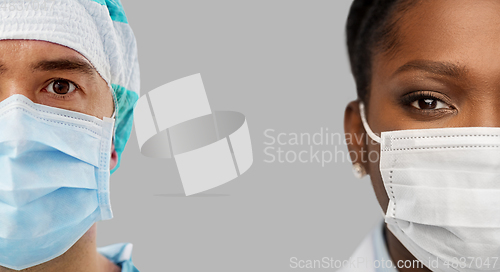 Image of close up of doctors in protective medical masks