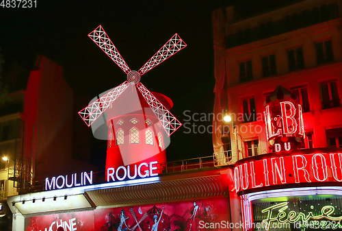 Image of View of the Moulin Rouge (Red Mill) at night in Paris, France