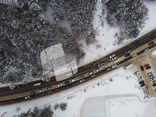 Image of Aerial view of a road in winter landscape