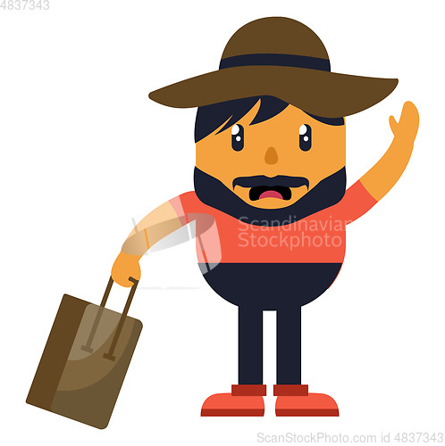 Image of Man with hat holding a bag, illustration, vector on white backgr