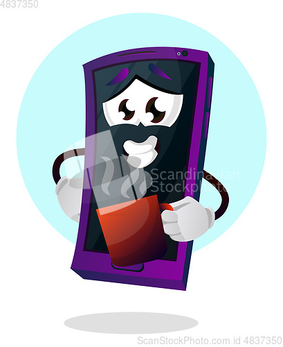 Image of Mobile emoji with a cup of coffee illustration vector on white b