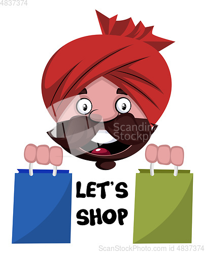 Image of Man with turban is holding shopping bags, illustration, vector o