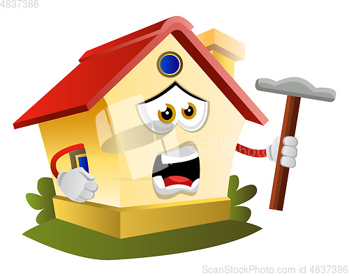 Image of House is holding hammer, illustration, vector on white backgroun