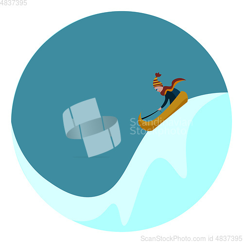 Image of Portrait of a boy on a sledge over snow and a clear sky complete