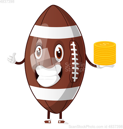 Image of Rugby ball holding coins, illustration, vector on white backgrou