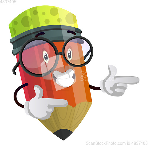 Image of Happy pencil is pointing at something with both hands illustrati