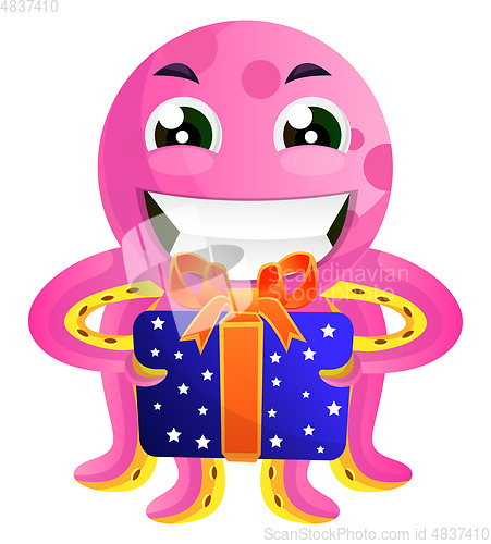 Image of Pink octopus with a present illustration vector on white backgro