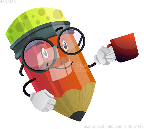 Image of Red pencil drinking coffee from his favourite cup illustration v