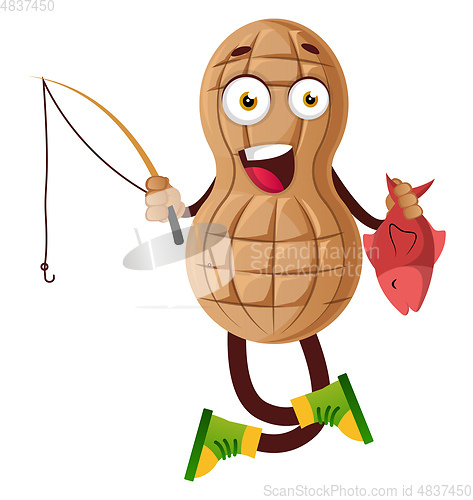 Image of Peanut holding fish, illustration, vector on white background.