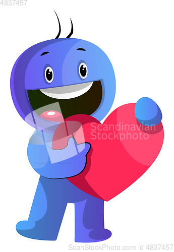 Image of Blue cartoon caracter holding a big red heart illustration vecto
