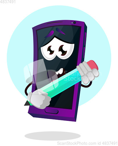 Image of Mobile emoji holding a pen illustration vector on white backgrou
